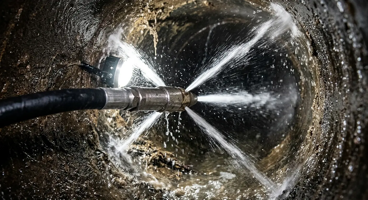 High-pressure hydro jetting nozzle cleaning sewer pipe for Trenchless Sewer Repair in East Greenwich
