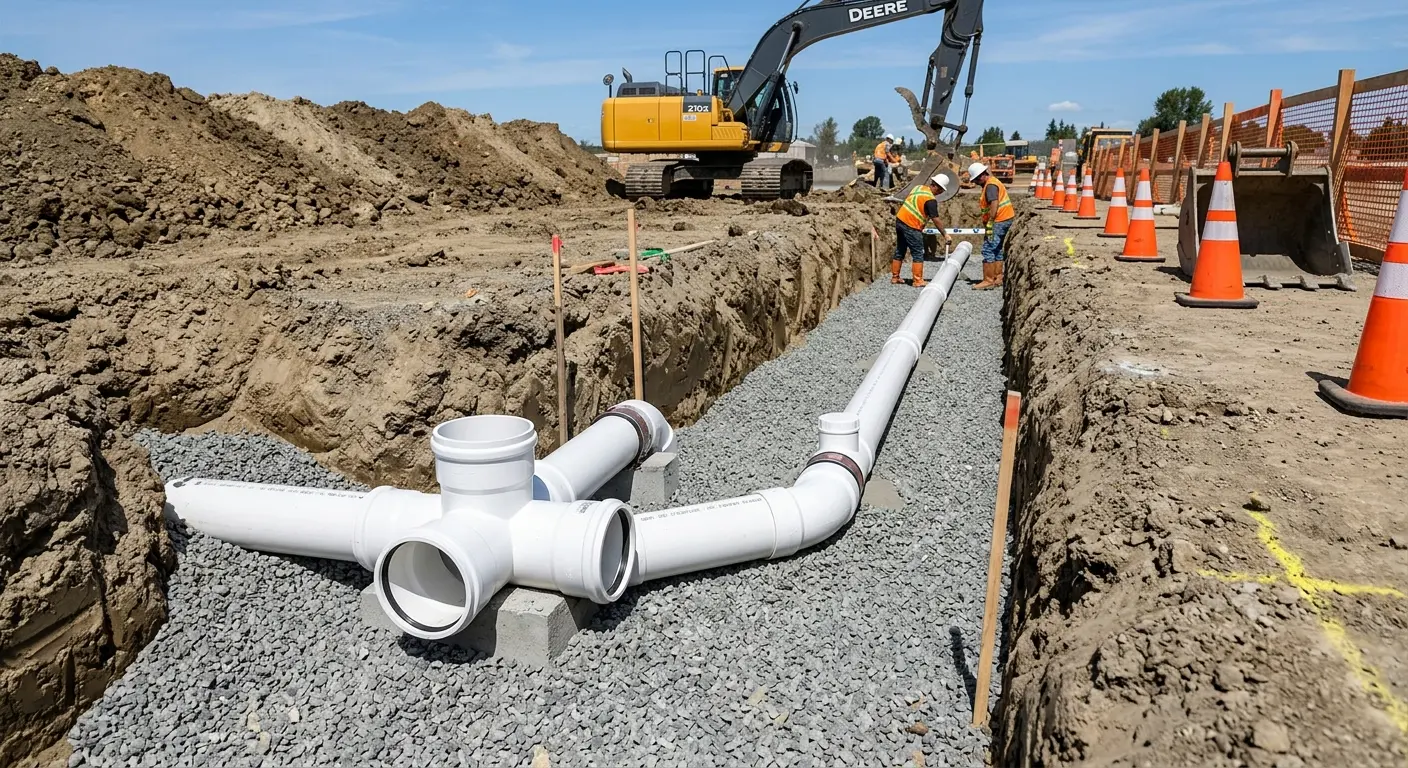 New PVC sewer pipe installation in open trench for Sewer Backup in East Greenwich