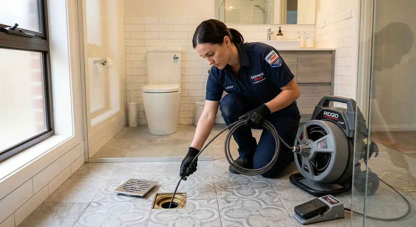 Technician clearing a bathroom floor drain for Sewer Line Replacement in East Greenwich